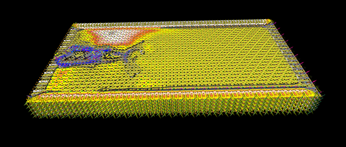 Ein aus energetischen Gründen abbiegender Riss. Neben den Dipolmomenten sind die Druckwellen mit der Visualisierungssoftware MegaMol visualisiert.