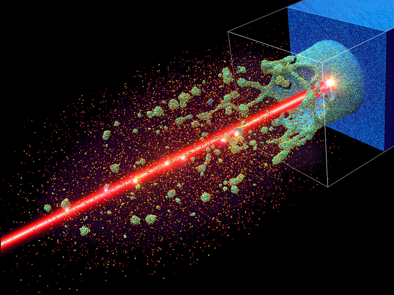 Teilchenwolken einer simulierten Laserablation nach circa 40 Pikosekunden. Die rote Achse zeigt den eigentlich unsichtbaren Laserstrahl.