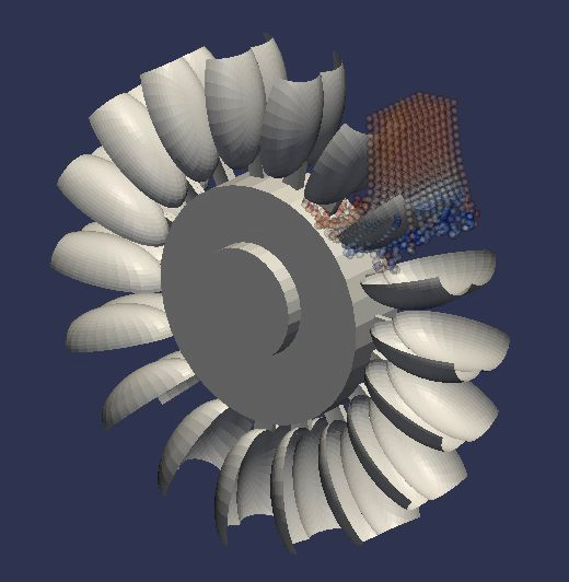 Stark vereinfachte Simulation einer hydraulischen Maschine. Das Fluid wird mit der Smoothed Particle Hydrodynamics Methode modelliert.